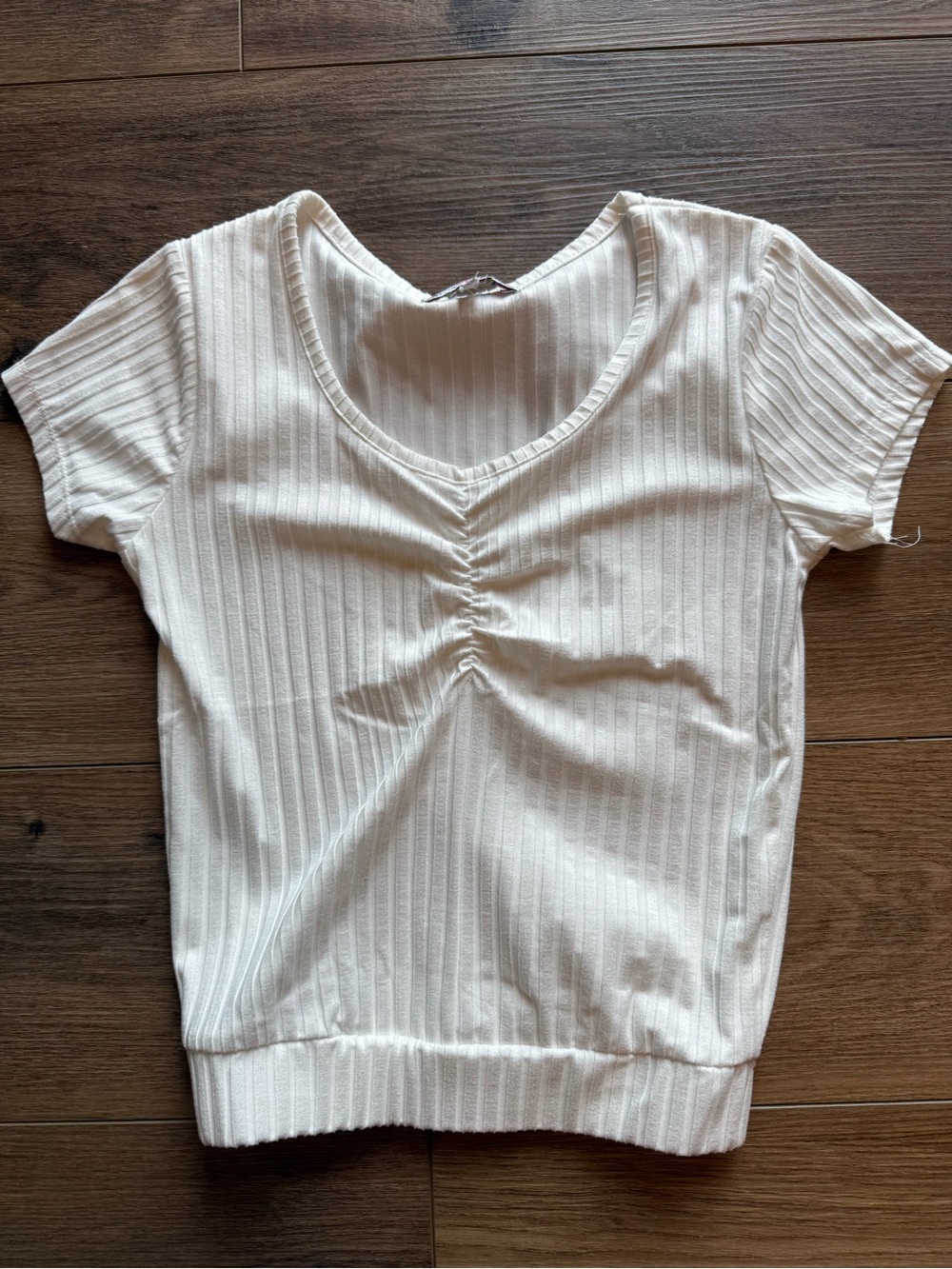 Girls' Cream Short-Sleeve Ribbed Tee with Front Ruching